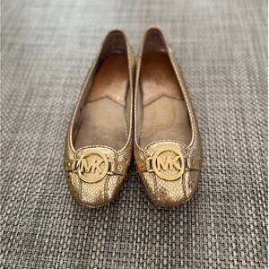 MICHAEL KORS  Fulton MK Leather Snake Texture Ballerinas Driving Flat Moc Gold 7